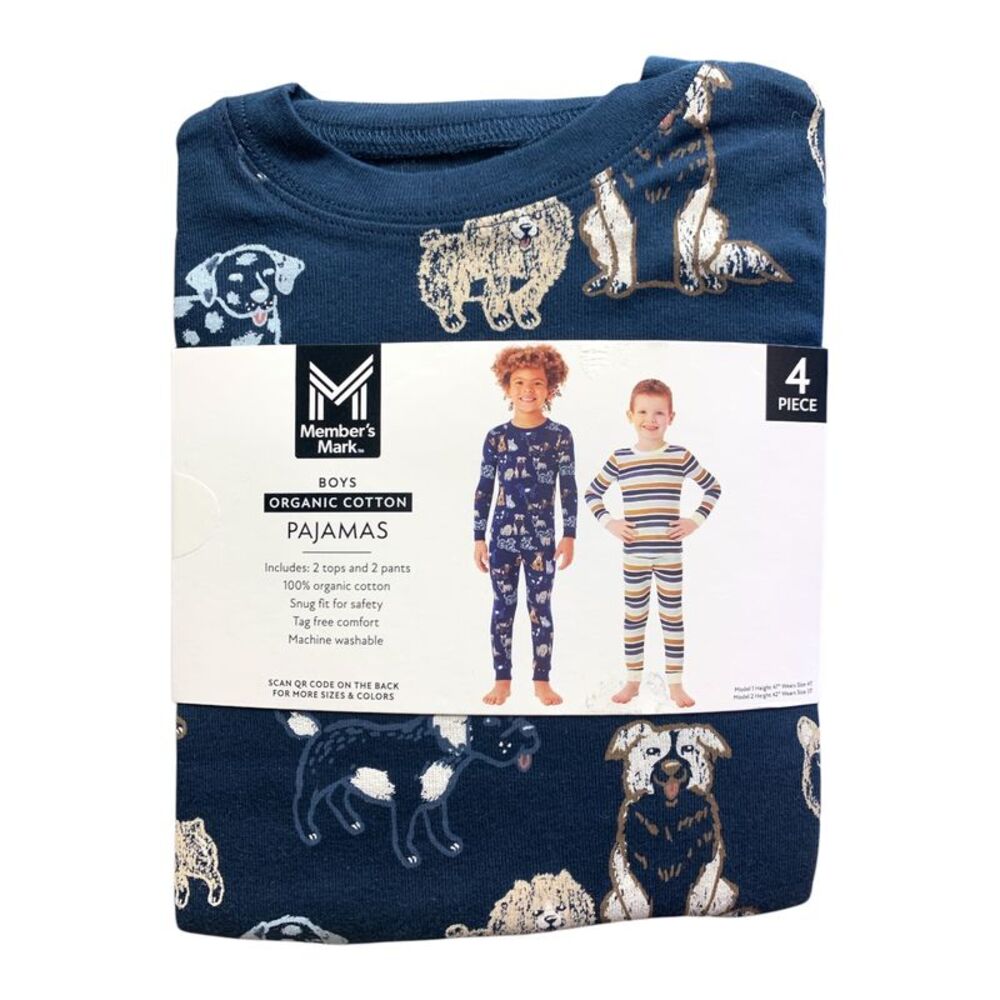 Dogs/Stripes - Member's Mark Boys Organic Cotton Pajamas 4-Piece, 100% Organic C